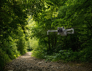 DJI Mini 3 Review 2026 Mini flying in a forest